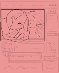 Size: 670x827 | Tagged: safe, artist:poxy_boxy, derpibooru import, fluttershy, pegasus, pony, blanket, blush sticker, blushing, cute, eyes closed, female, image, keyboard, mare, monochrome, png, red background, redscale, shyabetes, simple background, sketch, wip