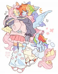 Size: 1536x1977 | Tagged: safe, artist:sharpycharot, derpibooru import, fluttershy, rainbow dash, anthro, pegasus, pony, clothes, cloud, converse, hoodie, hug, image, jpeg, leg warmers, scarf, shoes, skirt, sneakers, spread wings, sweater, wings