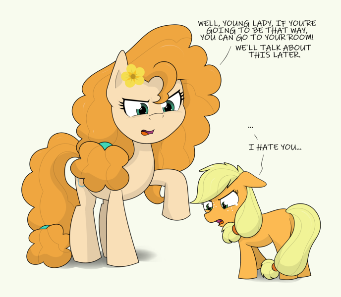 Size: 3145x2744 | Tagged: safe, artist:cyanrobo, derpibooru import, applejack, pear butter, earth pony, pony, angry, dialogue, duo, female, filly, filly applejack, flower, flower in hair, foal, image, mother and child, mother and daughter, png, sad, simple background, teary eyes, white background, younger