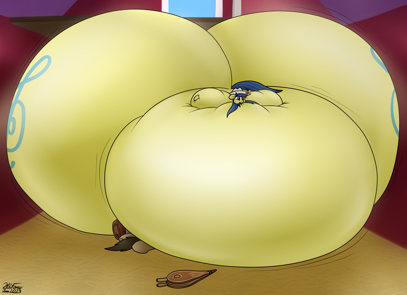 Size: 3600x2612 | Tagged: questionable, artist:the-furry-railfan, derpibooru import, fiddlesticks, earth pony, pony, apple family member, barn, barrel, bellows, belly, belly bed, big belly, bingo wings, blimp, butt, cowboy hat, hat, huge belly, huge butt, image, impossibly large belly, impossibly large butt, inflated ears, inflation, large butt, png, puffy cheeks, smothering, squished, stetson