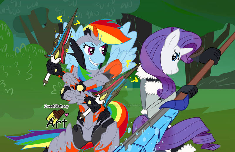 Size: 1110x720 | Tagged: safe, artist:sweetgluttonyart, derpibooru import, rainbow dash, rarity, anthro, pegasus, unicorn, armor, duo, duo female, female, forest, grin, image, jpeg, monster hunter, smiling, sword, tree, weapon