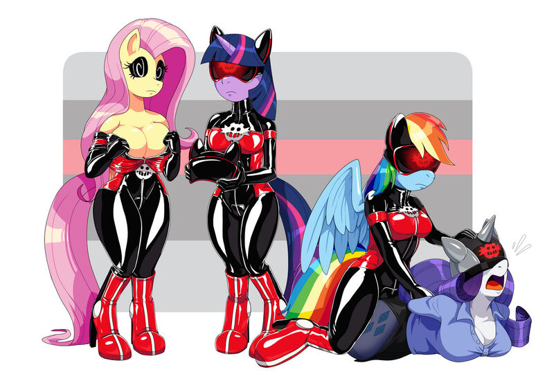 Size: 1280x880 | Tagged: questionable, artist:scittykitty, derpibooru import, fluttershy, rainbow dash, rarity, twilight sparkle, anthro, pegasus, unicorn, bodysuit, boots, brainwashing, breasts, busty fluttershy, busty rainbow dash, busty rarity, busty twilight sparkle, clothes, commission, cutie mark, cutie mark on clothes, drone, eggman empire of equestria, fetish, gloves, held down, high heel boots, hypnosis, image, jpeg, latex, latex boots, latex gloves, latex suit, mind control, open mouth, rubber, rubber boots, rubber gloves, rubber suit, shiny, shoes, simple background, sitting on, sitting on person, sitting on pony, struggling, swirly eyes, tight clothing, uniform, unwilling, visor