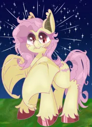 Size: 1000x1385 | Tagged: safe, artist:pagophasia, derpibooru import, fluttershy, bat pony, pony, bat ears, bat ponified, bat wings, blushing, colored hooves, cutie mark eyes, derpibooru exclusive, emanata, eye reflection, female, flutterbat, frown, full body, grass, image, impossibly long eyelashes, looking at you, messy mane, messy tail, night, png, race swap, reflection, slit pupils, solo, stare, stars, tail, the stare, unshorn fetlocks, wingding eyes, wings