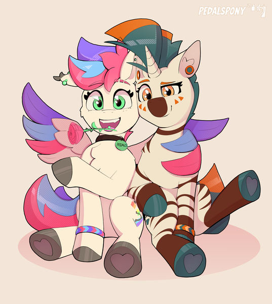 Size: 3400x3800 | Tagged: safe, artist:pedalspony, derpibooru import, oc, oc:pedals, oc:psi, hybrid, pegasus, pony, unicorn, zebra, zony, bracelet, coat markings, collar, colored hooves, cute, duo, ear piercing, facial markings, feather, female, flower, gauges, happy, hoof heart, hooves, hug, hybrid oc, image, jewelry, looking at you, male, mare, married, mouth hold, not zipp storm, open mouth, open smile, piercing, png, rose, screentone, simple background, smiling, smug, socks (coat marking), stallion, stripes, tail, tongue out, tongue piercing, underhoof, white background, wing hold, winghug, wings