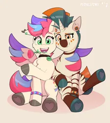 Size: 3400x3800 | Tagged: safe, artist:pedalspony, derpibooru import, oc, oc:pedals, oc:psi, hybrid, pegasus, pony, unicorn, zebra, zony, bracelet, coat markings, collar, colored hooves, cute, duo, ear piercing, facial markings, feather, female, flower, gauges, happy, hoof heart, hooves, hug, hybrid oc, image, jewelry, looking at you, male, mare, married, mouth hold, not zipp storm, open mouth, open smile, piercing, png, rose, screentone, simple background, smiling, smug, socks (coat marking), stallion, stripes, tail, tongue out, tongue piercing, underhoof, white background, wing hold, winghug, wings