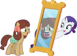 Size: 1053x759 | Tagged: safe, artist:pascalmulokozi2, derpibooru import, edit, edited screencap, screencap, rarity, yona, earth pony, pony, unicorn, yak, she's all yak, background removed, bow, duo, female, image, mare, mirror, not a vector, png, reflection, simple background, transparent background