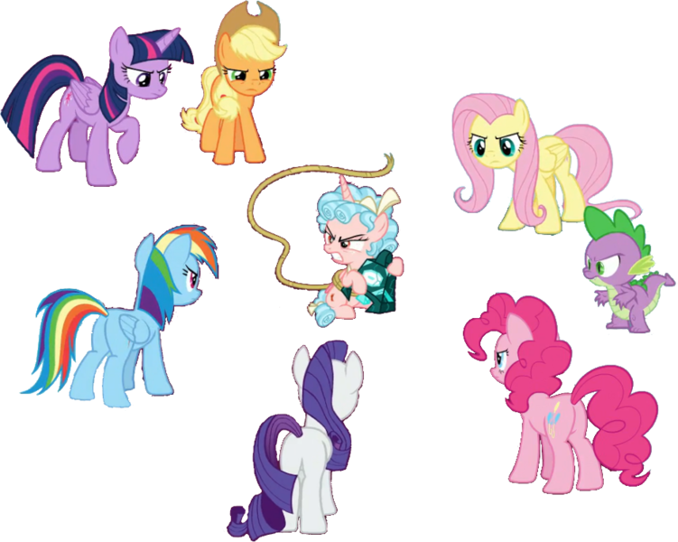 Size: 930x743 | Tagged: safe, artist:pascalmulokozi2, derpibooru import, edit, edited screencap, screencap, applejack, cozy glow, fluttershy, pinkie pie, rainbow dash, rarity, spike, twilight sparkle, twilight sparkle (alicorn), alicorn, dragon, earth pony, pegasus, pony, unicorn, the ending of the end, applejack's hat, background removed, cowboy hat, female, hat, image, lasso, male, mane seven, mane six, mare, not a vector, png, race swap, rope, simple background, surrounded, transparent background, winged spike, wings