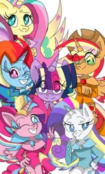 Size: 540x888 | Tagged: safe, artist:ahaganezu, derpibooru import, applejack, fluttershy, pinkie pie, rainbow dash, rarity, twilight sparkle, twilight sparkle (alicorn), alicorn, anthro, alicorn six, alicornified, applecorn, clothes, colored wings, crossed arms, fluttercorn, grin, hand on hip, happy, image, jpeg, leotard, looking at you, mane six, one eye closed, pinkiecorn, race swap, rainbow power, rainbowcorn, raricorn, smiling, spread wings, wings, wink, winking at you, xk-class end-of-the-world scenario