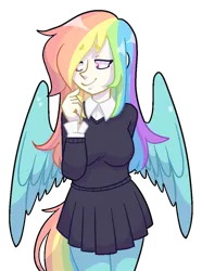 Size: 797x1070 | Tagged: safe, artist:/d/non, derpibooru import, oc, oc:prism, unofficial characters only, satyr, clothes, image, looking away, multicolored hair, parent:rainbow dash, png, rainbow hair, school uniform, simple background, smiling, transparent background, wings