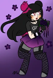 Size: 683x1000 | Tagged: safe, artist:/d/non, derpibooru import, oc, oc:hiki, unofficial characters only, satyr, arm warmers, blushing, bouquet of flowers, choker, clothes, flower, goth, hair up, image, parent:oc:miss eri, png, purple background, simple background, skirt, socks, stockings, thigh highs