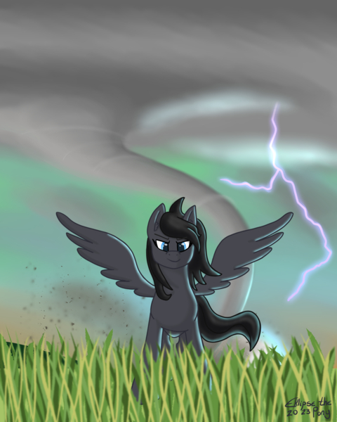 Size: 1600x2000 | Tagged: safe, artist:eklipsethepony, derpibooru import, oc, oc:eklipse, unofficial characters only, pegasus, pony, debris, debris cloud, determined look, grass, grass field, image, lightning, male, png, powerflash, smiling, smirk, solo, solo male, spread wings, storm, tornado, wind, windswept mane, wings