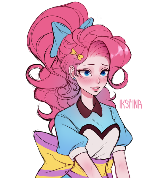 Size: 3508x3757 | Tagged: safe, artist:ikstina, derpibooru import, pinkie pie, human, equestria girls, blue eyes, blushing, clothes, colored sketch, cute, dress, ear piercing, earring, image, jewelry, partial color, piercing, png, server pinkie pie, simple background, solo, waitress, white background, wip