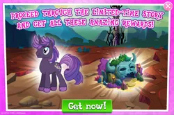 Size: 1958x1302 | Tagged: safe, derpibooru import, official, pony, unicorn, bush, cloven hooves, deep space, english, fire, gameloft, horn, image, jpeg, male, mobile game, my little pony: magic princess, stallion, text, torch, unshorn fetlocks