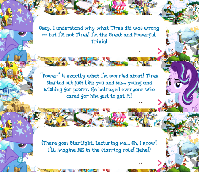 Size: 2048x1775 | Tagged: safe, derpibooru import, official, starlight glimmer, trixie, pony, unicorn, brooch, cape, clothes, dialogue, dialogue box, english, event, female, gameloft, hat, horn, image, implied lord tirek, jewelry, mare, mobile game, my little pony: magic princess, png, speech bubble, trixie's cape, trixie's hat