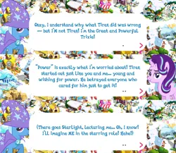 Size: 2048x1775 | Tagged: safe, derpibooru import, official, starlight glimmer, trixie, pony, unicorn, brooch, cape, clothes, dialogue, dialogue box, english, event, female, gameloft, hat, horn, image, implied lord tirek, jewelry, mare, mobile game, my little pony: magic princess, png, speech bubble, trixie's cape, trixie's hat