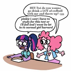 Size: 1494x1506 | Tagged: safe, artist:punkittdev, derpibooru import, pinkie pie, sci-twi, twilight sparkle, human, equestria girls, distressed, duo, duo female, female, funny, happy, harvard, humanized, image, jpeg, pencil, redbull, speech bubble, text