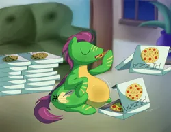 Size: 1620x1260 | Tagged: suggestive, artist:necrofeline, derpibooru import, oc, oc:nichara, pegasus, pony, series:pizza time, belly, big belly, binge, cheese, chubby, couch, fat, food, image, large butt, meat, pegasus oc, pepperoni, pizza, plant, png, solo, window, wings