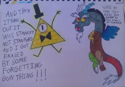 Size: 1024x710 | Tagged: safe, artist:rainbowratart, derpibooru import, discord, draconequus, the return of harmony, bill cipher, bowtie, crossed arms, dialogue, drawing, duo, exclamation point, gravity falls, hat, image, jpeg, one eyed, spoilers for another series, top hat, triangle