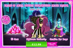 Size: 1958x1302 | Tagged: safe, derpibooru import, official, fluttershy, pegasus, pony, advertisement, bottle, corrupted, costs real money, english, female, gameloft, gem, image, jewelry, jpeg, mare, mobile game, my little pony: magic princess, nightmare fluttershy, nightmarified, numbers, regalia, sale, solo, solo focus, spread wings, text, wings