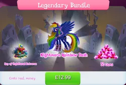 Size: 1268x857 | Tagged: safe, derpibooru import, official, rainbow dash, pegasus, pony, advertisement, book, bush, corrupted, costs real money, english, female, gameloft, gem, hourglass, image, jewelry, jpeg, key of unfettered entrance, mare, mobile game, my little pony: magic princess, nightmare rainbow dash, nightmarified, numbers, regalia, sale, solo, solo focus, spread wings, text, wings