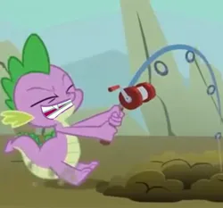 Size: 1788x1663 | Tagged: safe, derpibooru import, edit, edited screencap, screencap, spike, dragon, a dog and pony show, cropped, dragging, fishing rod, gritted teeth, image, jpeg, smiling, solo, teeth