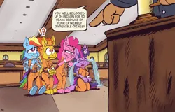 Size: 1810x1156 | Tagged: safe, artist:bimbeaver27, derpibooru import, pinkie pie, rainbow dash, spitfire, twilight sparkle, bound wings, chains, clothes, commission, commissioner:rainbowdash69, courtroom, cuffed, cuffs, image, never doubt rainbowdash69's involvement, png, prison outfit, prisoner pp, prisoner rd, prisoner ts, wings