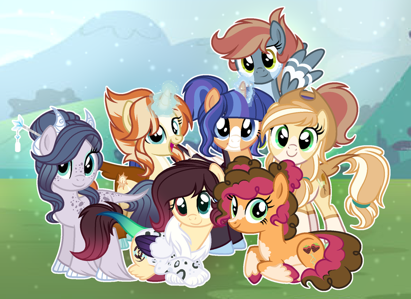 Size: 1969x1433 | Tagged: safe, artist:xxcheerupxxx, derpibooru import, oc, oc:caramel pear, oc:harmony (pastelnightyt), oc:nova antares, oc:siveth, oc:strawberry chocolate, oc:sunfire, unofficial characters only, alicorn, dracony, dragon, earth pony, hybrid, pony, unicorn, base used, female, glow, glowing horn, horn, image, interspecies offspring, magic, magic aura, mare, next generation, offspring, parent:applejack, parent:cheese sandwich, parent:discord, parent:fire streak, parent:flash sentry, parent:flim, parent:fluttershy, parent:pinkie pie, parent:rarity, parent:spike, parent:sunset shimmer, parent:twilight sparkle, parents:cheesepie, parents:discoshy, parents:flashlight, parents:flimjack, parents:sparity, parents:sunsetstreak, png, unshorn fetlocks