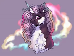 Size: 2048x1552 | Tagged: safe, artist:malinraf1615, derpibooru import, pony, unicorn, bust, chest fluff, coat markings, dreadlocks, image, jpeg, pinto, purple background, rainbow colors, rainbow vitiligo pony, simple background, smiling, solo, vitiligo