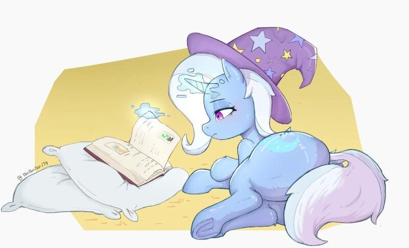 Size: 967x588 | Tagged: safe, artist:dundundun, derpibooru import, trixie, pony, unicorn, butt, clothes, female, glow, glowing horn, hat, horn, image, jpeg, large butt, lying down, magic, magic aura, pillow, plot, reading, side, simple background, solo, solo female, telekinesis, the great and powerful ass, thighs, thunder thighs, trixie's hat, underhoof, yellow background