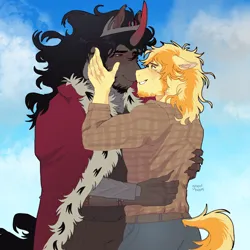 Size: 2000x2000 | Tagged: safe, artist:ghoulhowls, derpibooru import, braeburn, king sombra, anthro, clothes, cloud, embrace, gay, image, looking at each other, looking at someone, male, png, shipping, simple background, smiling, somburn