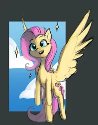 Size: 659x835 | Tagged: safe, artist:haku nichiya, derpibooru import, fluttershy, pegasus, pony, flying, image, jpeg, open mouth, open smile, smiling, solo, sparkles, spread wings, wings