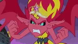 Size: 3072x1727 | Tagged: safe, derpibooru import, screencap, sunset shimmer, human, equestria girls, equestria girls (movie), big crown thingy, canterlot high, element of magic, female, flying, image, jewelry, jpeg, night, regalia, solo, spread wings, sunset satan, wings