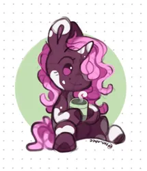 Size: 1032x1200 | Tagged: safe, artist:yun_nhee, derpibooru import, pony, unicorn, coat markings, cute, dreadlocks, drink, image, jpeg, mug, pinto, rainbow vitiligo pony, simple background, smiling, solo, steam, vitiligo