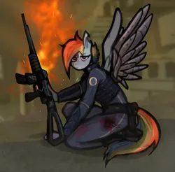 Size: 2039x2009 | Tagged: semi-grimdark, artist:meliciamelano, derpibooru import, rainbow dash, anthro, pegasus, plantigrade anthro, alternate timeline, amputee, apocalypse, apocalypse dash, armor, artificial wings, augmented, bags under eyes, blood, clothes, crouching, crystal war timeline, fire, gun, image, looking at you, military uniform, png, prosthetic limb, prosthetics, rifle, scar, solo, torn ear, uniform, weapon, wings