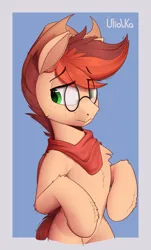 Size: 1209x2000 | Tagged: safe, artist:uliovka, derpibooru import, oc, oc:kayle rustone, unofficial characters only, pegasus, pony, blue background, clothes, cowboy hat, glasses, hat, image, male, pegasus oc, png, scarf, simple background, solo, wings