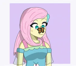 Size: 3200x2808 | Tagged: safe, artist:doggorob, derpibooru import, fluttershy, butterfly, human, insect, equestria girls, blushing, butterfly on nose, clothes, female, image, insect on nose, jpeg, pink hair, simple background, solo, solo female