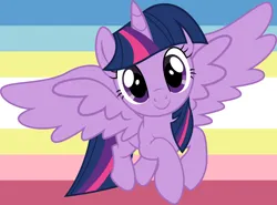 Size: 8194x6078 | Tagged: safe, artist:surprisepi, derpibooru import, edit, twilight sparkle, twilight sparkle (alicorn), alicorn, pony, absurd resolution, cute, female, flying, image, implied foalcon, implied underage, looking at you, maps pride flag, mare, png, pride flag, simple background, smiling, solo, twiabetes, twilight is a foal fiddler