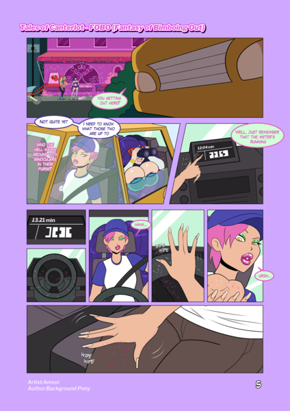 Size: 3541x5016 | Tagged: questionable, artist:annon, derpibooru import, cab callaway, rainbow dash, rarity, twilight sparkle, human, comic:fantasy of bimboing out, series:tales of canterlot, equestria girls, equestria girls series, fomo, spoiler:eqg series (season 2), big breasts, bimbo, bimbo callaway, bimbo dash, bimbo rarity, bimbo sparkle, bimboification, binoculars, breast squish, breasts, busty rainbow dash, busty rarity, butt, cap, car, clothes, comic, evening gloves, eyeshadow, glitter, gloves, green eyeshadow, hairpin, hand on hip, hat, headdress, high heels, humanized, image, large butt, lipstick, long gloves, makeup, meter, microskirt, miniskirt, motorcycle, muscles, nails, pink lipstick, png, seatbelt, shoes, sideboob, sidewalk, skirt, socks, speech bubble, spying, steering wheel, street, sunglasses, tapping, taxi, thigh highs, tongue out, useless clothing, wide hips, window
