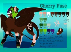 Size: 2048x1496 | Tagged: safe, artist:inisealga, derpibooru import, oc, oc:cherry fuse, unofficial characters only, pony, succubus, coat markings, colored pupils, cutie mark, devil tail, dyed mane, facial markings, female, image, jpeg, looking at you, mare, reference sheet, smiling, smiling at you, socks (coat marking), spread wings, tail, wings