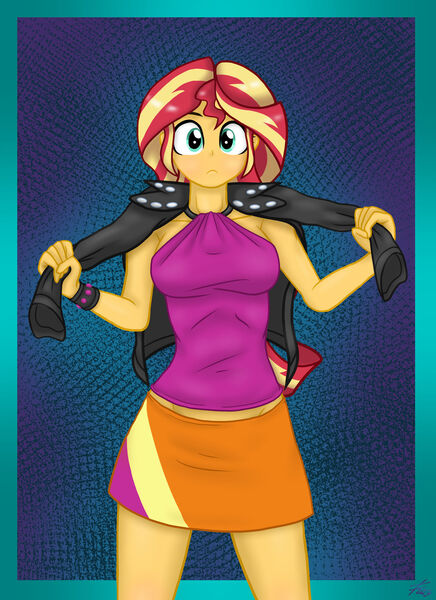 Size: 1280x1761 | Tagged: safe, artist:lennondash, derpibooru import, sunset shimmer, equestria girls, rainbow rocks, blouse, clothes, image, jacket, jpeg, leather, leather jacket, looking at you, midriff, skirt, solo, wristband