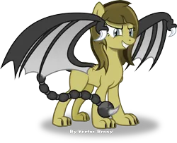 Size: 3761x3049 | Tagged: safe, artist:vector-brony, derpibooru import, oc, oc:brass, hybrid, pony, fallout equestria, fallout equestria: project horizons, bat wings, blue eyes, fanfic art, fangs, female, image, mare, png, project chimera, simple background, smiling, tail, transparent background, vector, wings