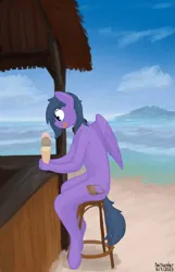 Size: 2256x3507 | Tagged: suggestive, alternate version, artist:barhandar, oc, oc:feather freight, unofficial characters only, anthro, pegasus, unguligrade anthro, beach, beach bar, casual nudity, food, ice cream, image, lineless background, male, nudity, png, signature, solo, tongue out