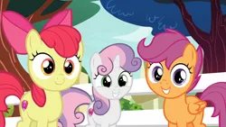Size: 1920x1080 | Tagged: safe, derpibooru import, screencap, apple bloom, scootaloo, sweetie belle, earth pony, pegasus, pony, unicorn, marks for effort, season 8, spoiler:s08, 1080p, adorabloom, apple bloom's bow, bow, cute, cutealoo, cutie mark, cutie mark crusaders, cutie mark cuties, daaaaaaaaaaaw, diasweetes, female, filly, foal, folded wings, hair bow, image, looking at you, png, smiling, the cmc's cutie marks, trio, trio female, wings