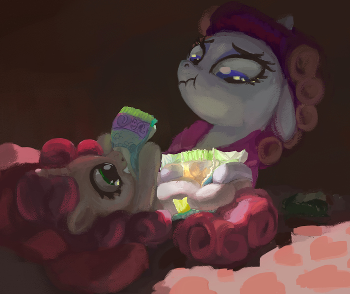 Size: 1902x1600 | Tagged: questionable, artist:asdfasfasda, derpibooru import, rarity, sweetie belle, pony, unicorn, bed, caretaker, diaper, diaper change, diaper fetish, duo, female, fetish, filly, foal, grossed out, image, jpeg, lying down, mare, non-baby in diaper, on back, scrunchy face, smiling, urine, wet diaper