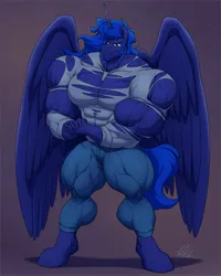 Size: 2601x3248 | Tagged: safe, artist:ponyanony, derpibooru import, princess luna, anthro, unguligrade anthro, abs, beard, biceps, bodybuilder, clothes, facial hair, flexing, image, jpeg, male, muscles, muscular male, overdeveloped muscles, prince artemis, rule 63, solo, solo male, thighs, thunder thighs, tight clothing, torn clothes