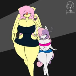 Size: 3000x3000 | Tagged: suggestive, artist:nailstrabbit, derpibooru import, fluttershy, sweetie belle, anthro, pegasus, unicorn, belly button, big breasts, blushing, breasts, busty fluttershy, busty sweetie belle, clothes, dress, duo, duo female, eyes closed, female, flutterbelle, heart, image, lesbian, panties, png, purse, shipping, size difference, skirt, underwear, wide hips
