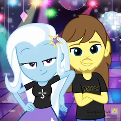 Size: 1920x1920 | Tagged: safe, artist:grapefruit-face, derpibooru import, trixie, oc, oc:grapefruit face, equestria girls, blue oyster cult, canon x oc, clothes, duo, female, grapexie, image, leaning, lidded eyes, looking at you, male, png, shipping, shirt, signature, smiling, smirk, straight, t-shirt, toto (band)