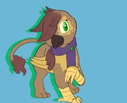 Size: 2680x2176 | Tagged: safe, artist:skunkstripe, derpibooru import, oc, oc:meteor mirage, unofficial characters only, gryphon, blue background, clothes, green eyes, griffon oc, griffonized, image, png, scarf, simple background, solo, species swap