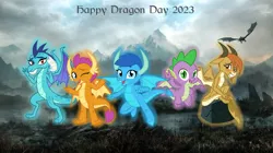 Size: 5359x3009 | Tagged: safe, artist:ponygamer2020, derpibooru import, ocellus, princess ember, smolder, spike, oc, oc:frosty, oc:frosty the dragon, dragon, disguise, disguised changeling, dragon day, dragon oc, dragon ocellus, dragoness, female, flying, glow, group, horn, image, looking at you, male, mountain, non-pony oc, peace sign, png, rock, sitting, sky, skyrim, smiling, smiling at you, snow, spike day, tail, teenaged dragon, the elder scrolls, vector, wallpaper, waving at you, winged spike, wings