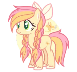 Size: 1600x1492 | Tagged: safe, artist:donquani, derpibooru import, oc, unofficial characters only, earth pony, pony, bow, braid, braided pigtails, earth pony oc, female, hair bow, image, mare, offspring, parent:big macintosh, parent:fluttershy, parents:fluttermac, pigtails, png, simple background, smiling, solo, transparent background, unshorn fetlocks